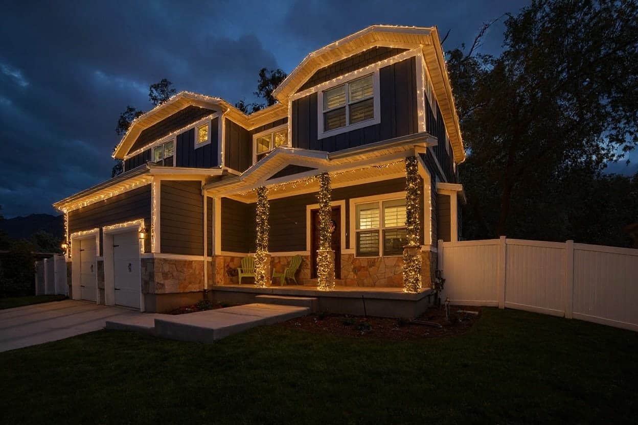 The same home decorated for Christmas with roofline lights, garland wrapped up the porch columns, and warm-lit windows at dusk