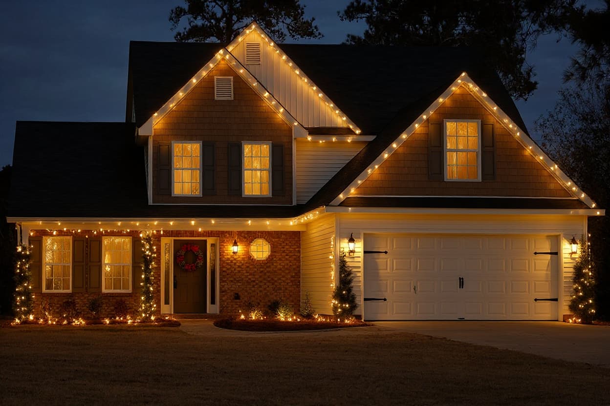 The same home decorated for Christmas with roofline lights, garland, a wreath, and warm-lit windows at dusk with snow