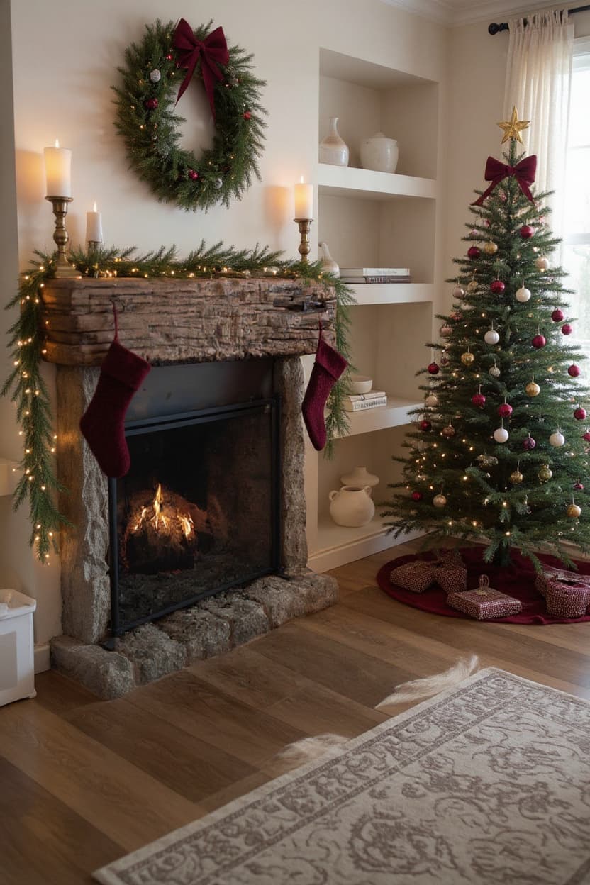 The same fireplace decorated with garland, a wreath, and candles