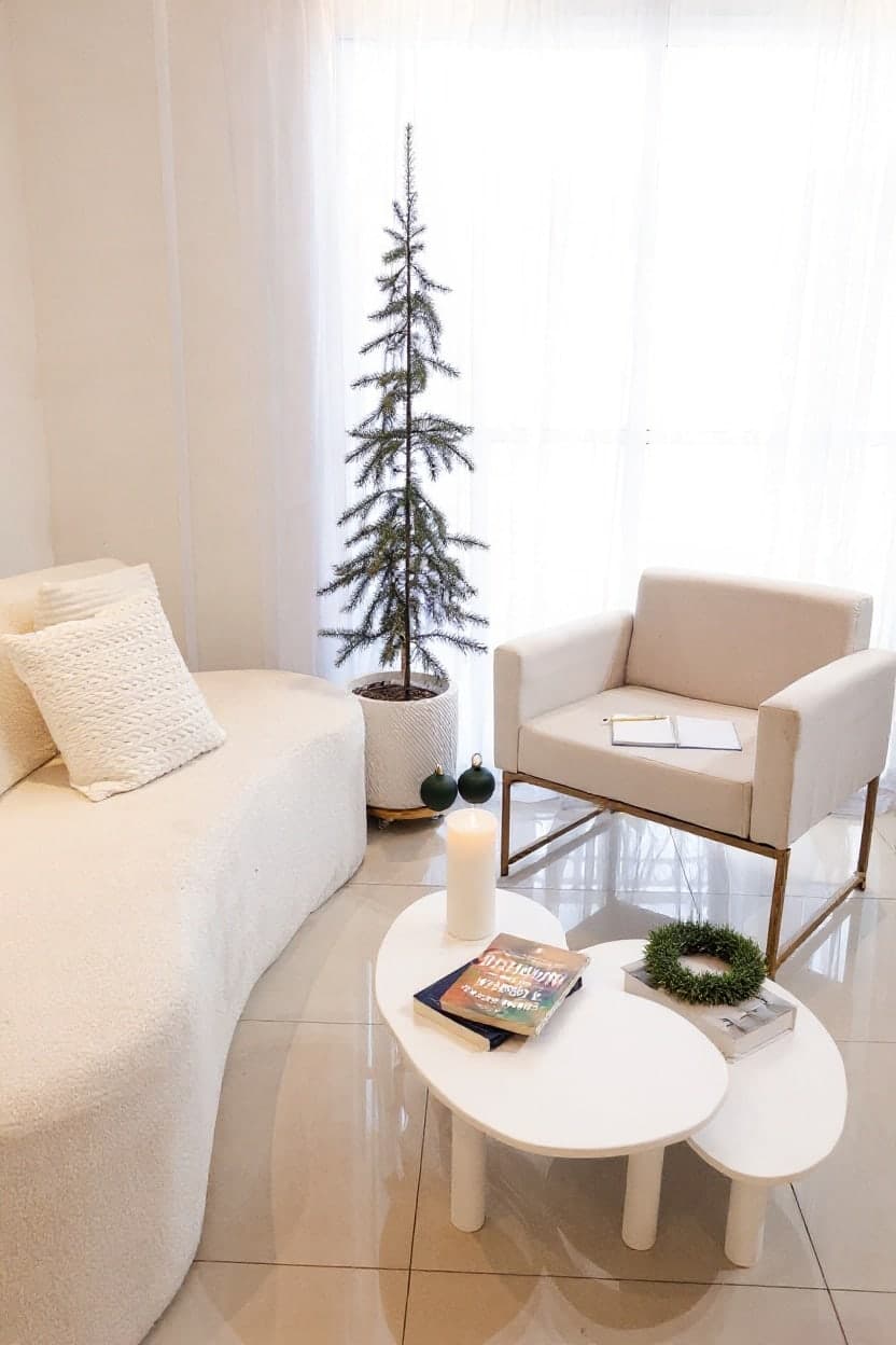 The same room with a slim green tree and restrained minimalist Christmas decor