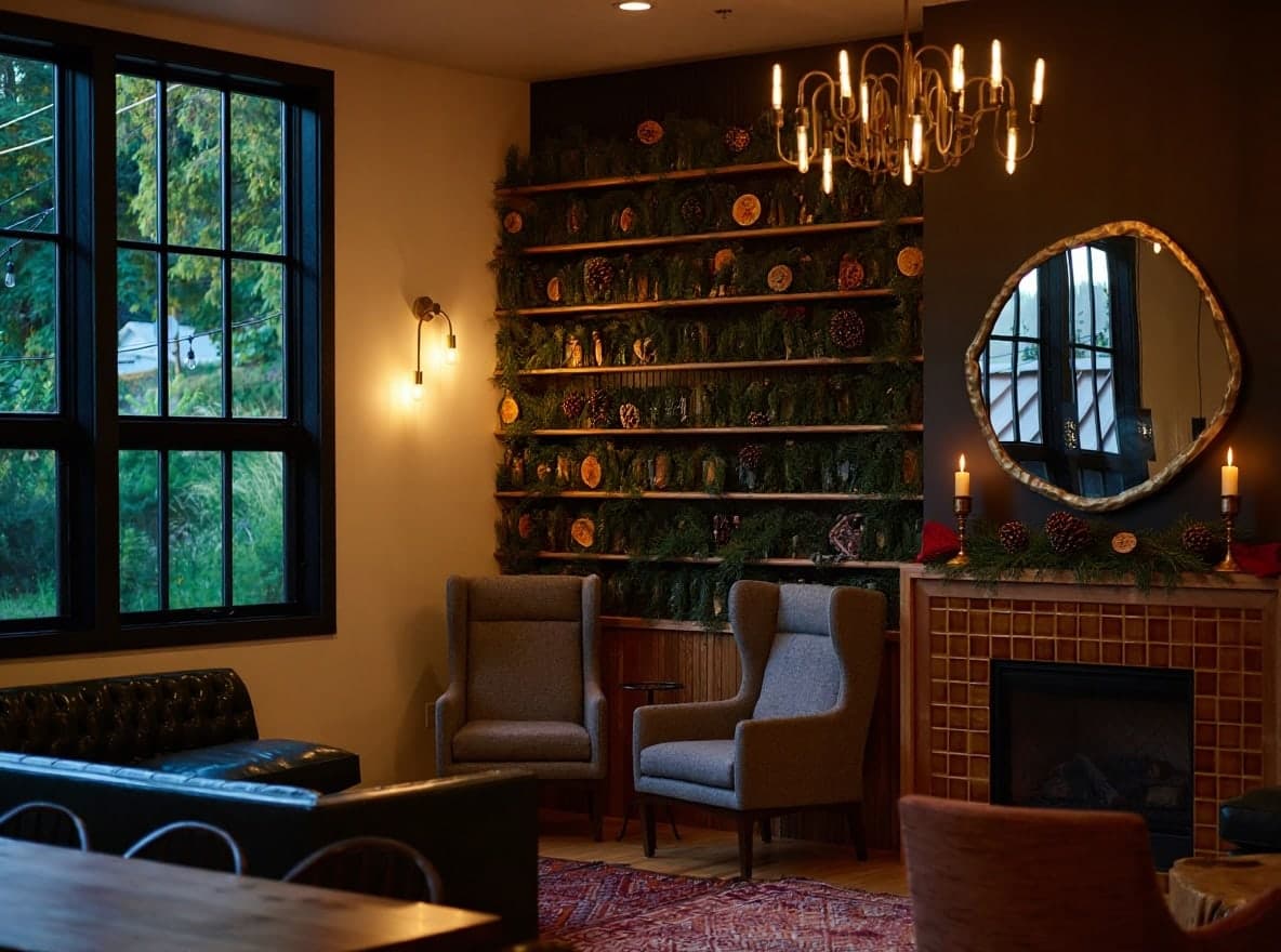 A cozy living room decorated for Christmas with a garland-covered feature wall, warm candles, and a lit fireplace, created with the AI visualizer